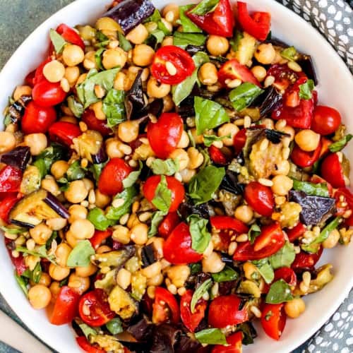 Mediterranean Eggplant Salad with Chickpeas on a plate.