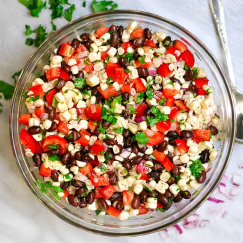 Corn and Black Bean Salad in a glass bowl.