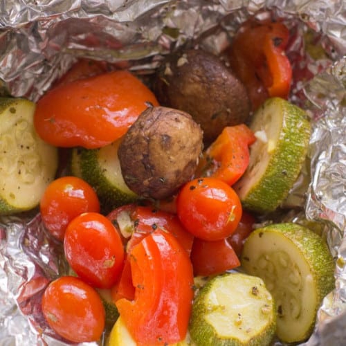 Grilled vegetables in aluminum foil.