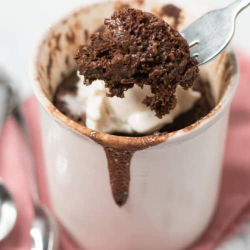 Chocolate mug cake on a fork.