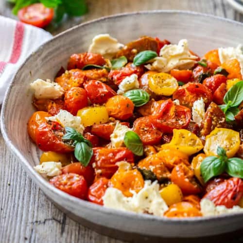 Roasted Cherry Tomato Caprese Salad in a bowl.