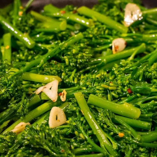 Garlic Broccolini in a pan.