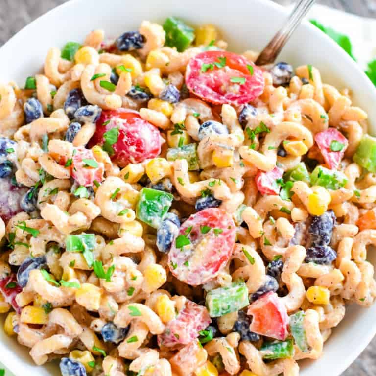 Close-up of Southwest lentil pasta salad in a white bowl
