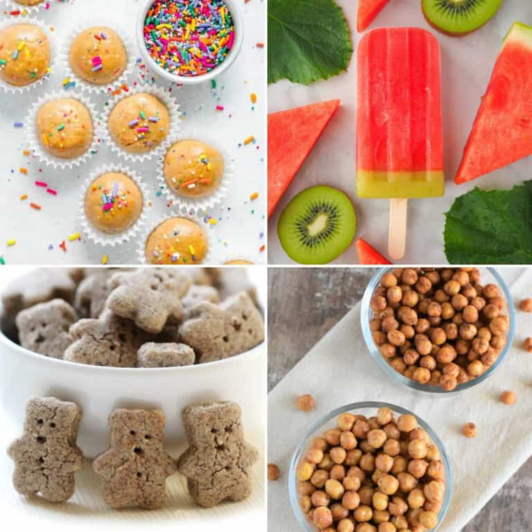 Collage of four easy vegan snacks for kids recipes.