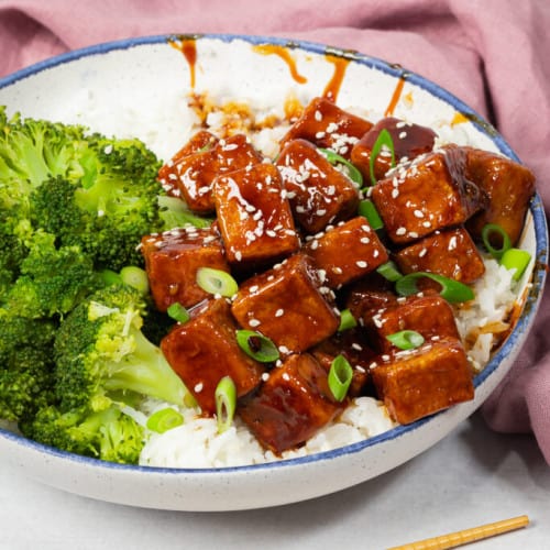 Vegan Sticky Tofu in a bowl.