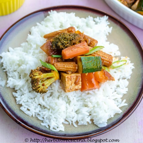 Vegetables and Tofu in Gochujang Sauce on a plate.