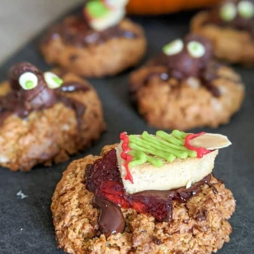 Vegan Halloween Cookies decorated with Halloween decorations.