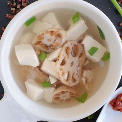 Lotus Root and Tofu Soup in a bowl.