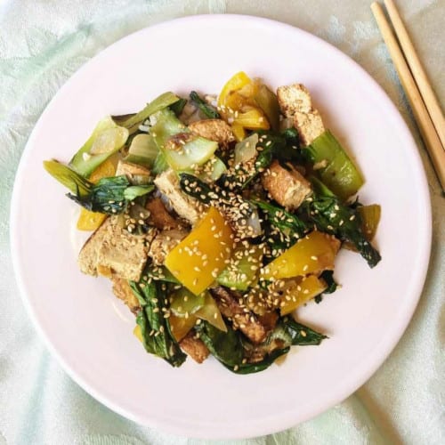 Baby Bok Choy and Tofu Stir Fry on a plate.