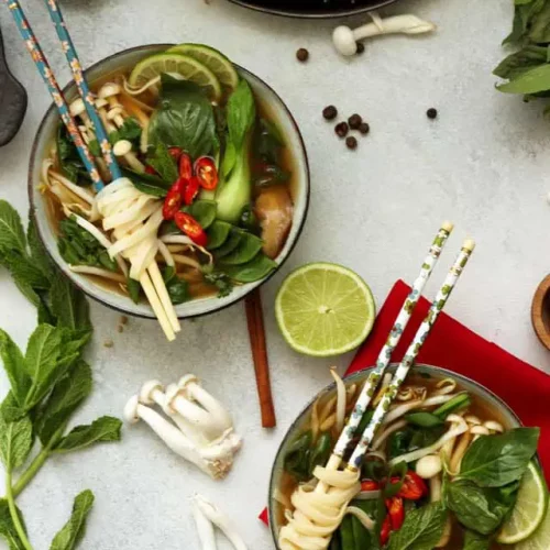 Pho Vietnamese Noodle Soup in bowls.