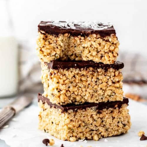 Stack of Healthy Rice Krispie Treats with Peanut Butter.