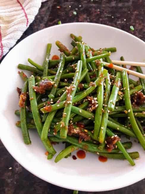 Chinese Spicy Green Beans on a plate.