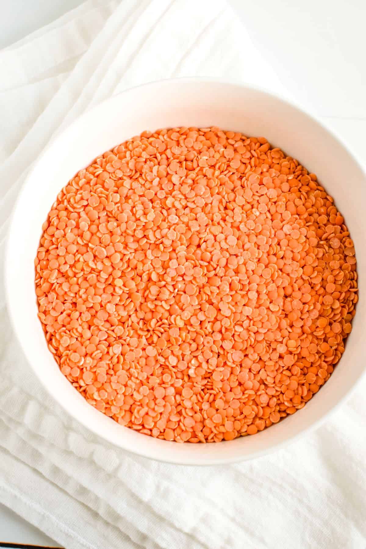 overhead of dry red lentils in a white bowl.