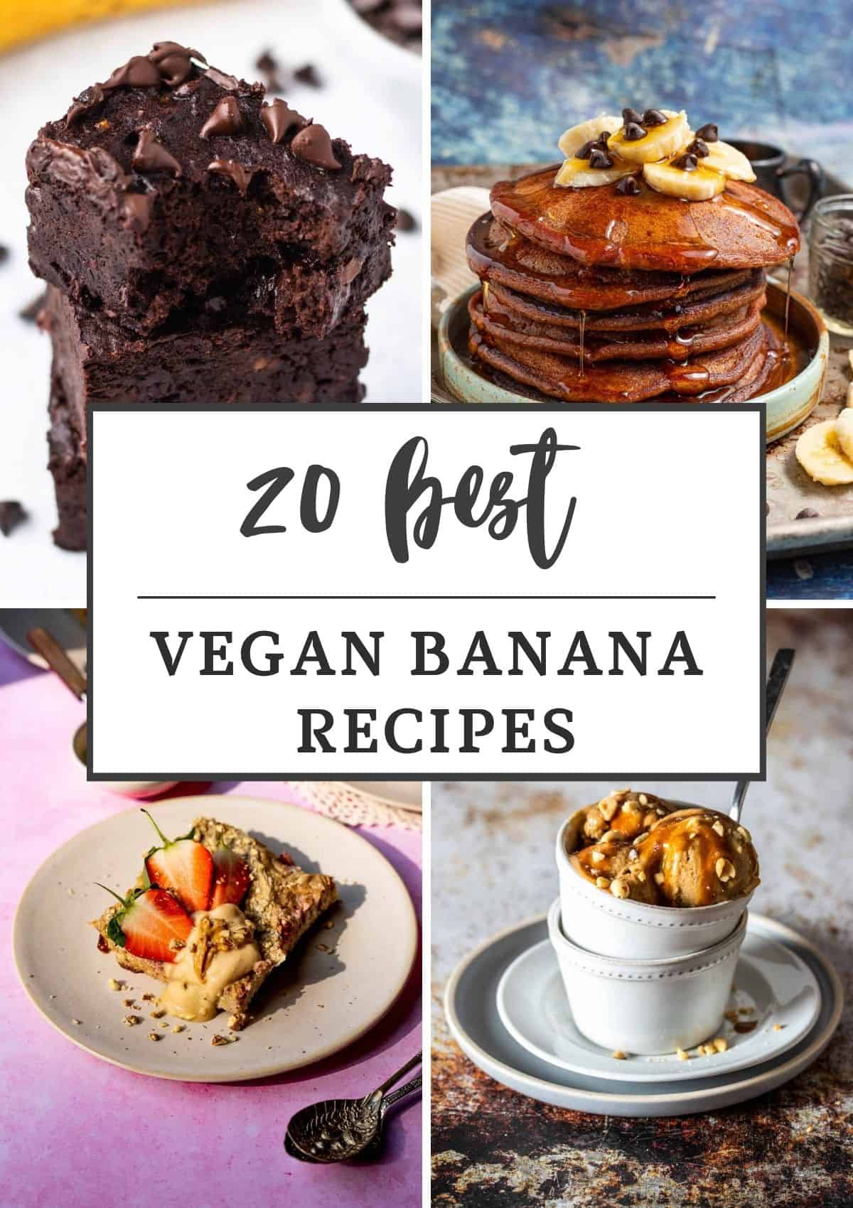 collage of 4 of the recipes from the banana roundup with text title overlay.