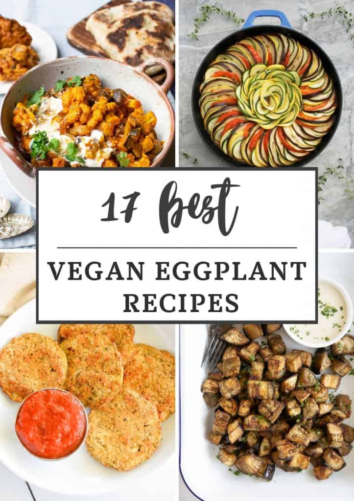 collage of 4 of the recipes from the eggplant roundup with text title overlay.