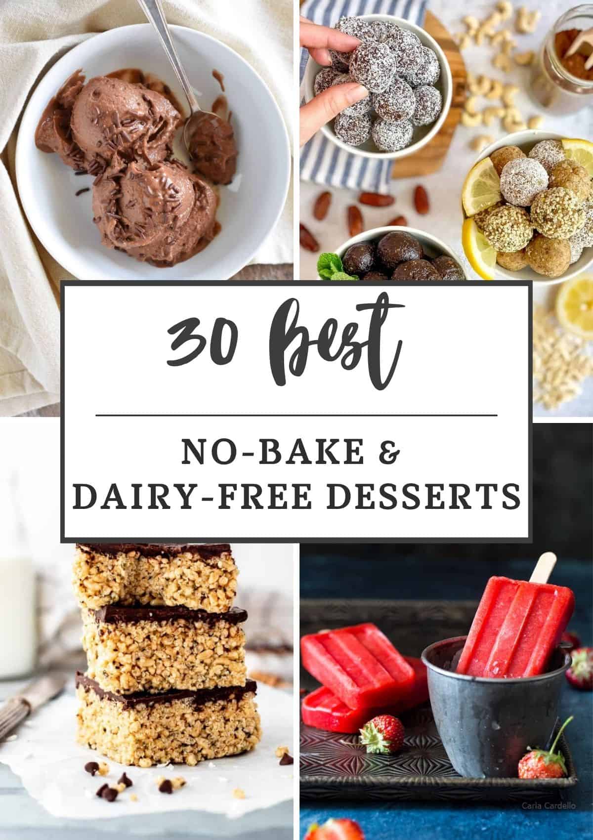 Collage of four best no bake and dairy free desserts with text title overlay.