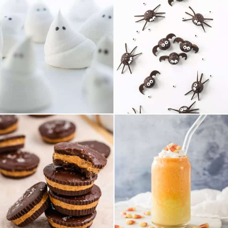 Collage of four vegan Halloween recipes.