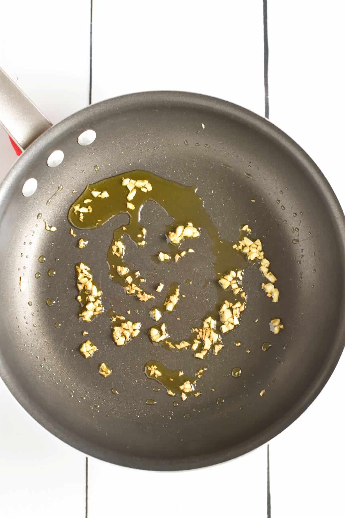 cooked garlic in a nonstick pan with olive oil.