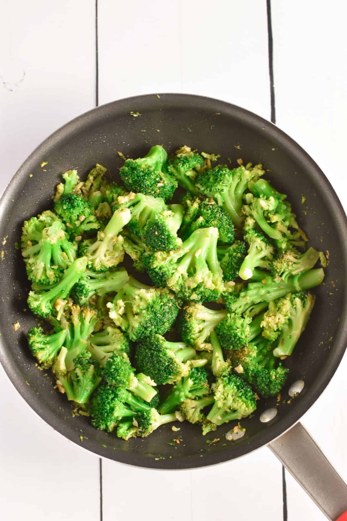 broccoli in nonstick pan after cooking.