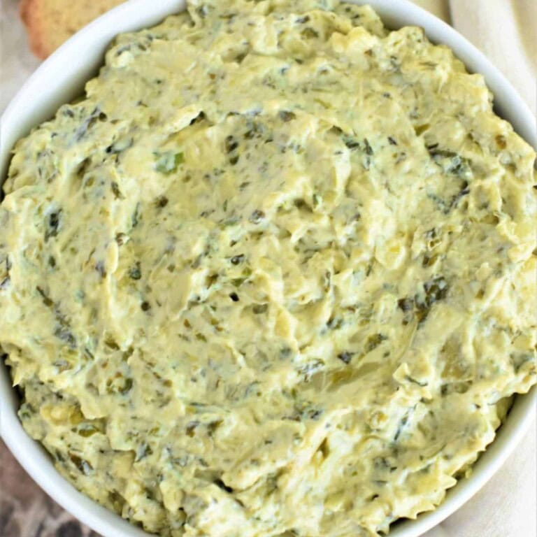 Close up image of vegan spinach artichoke dip