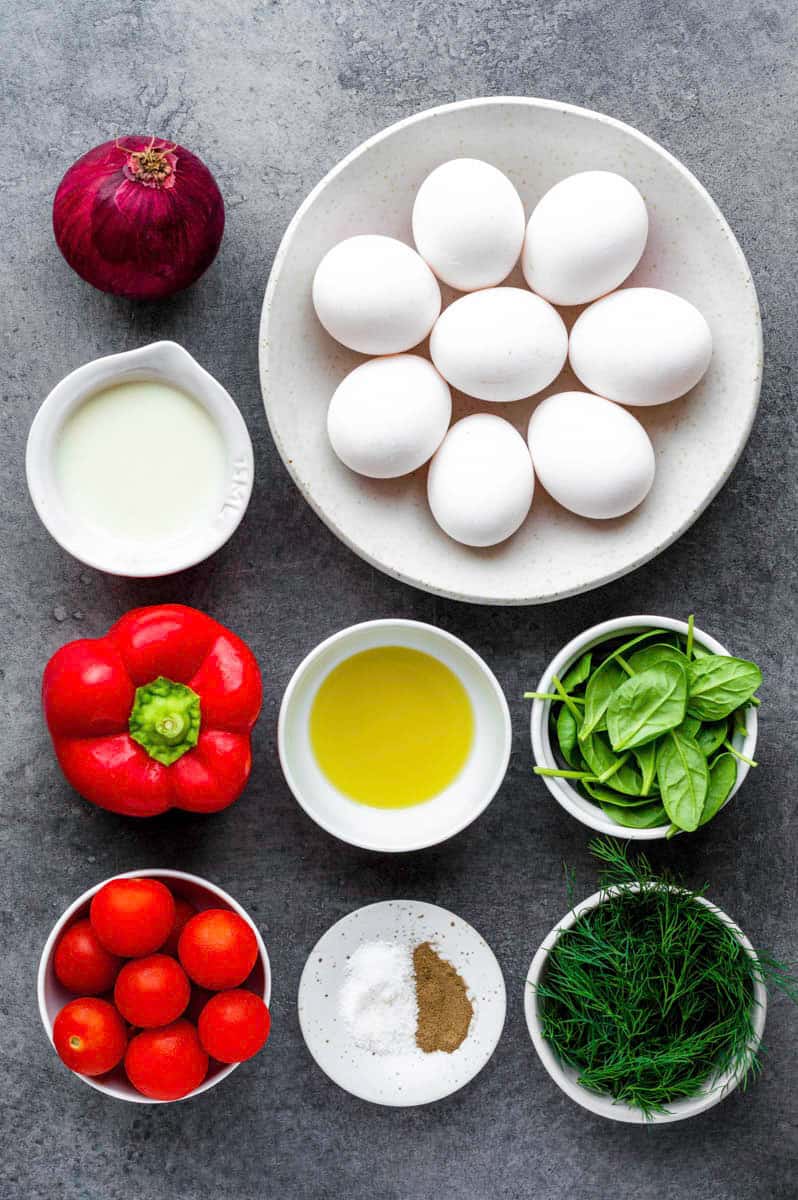 Gathered ingredients for making dairy-free frittata.