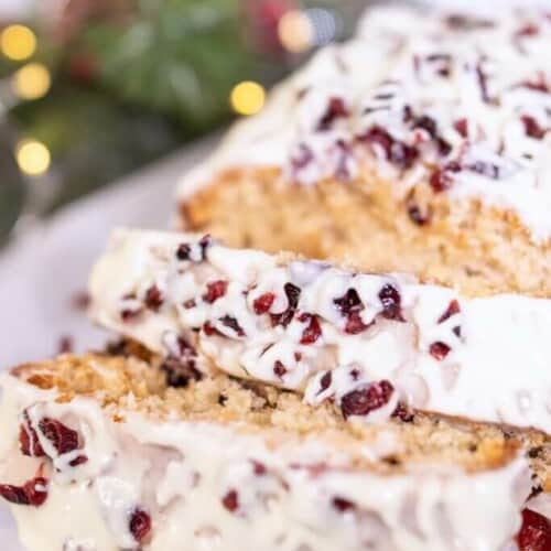 cranberry bread slices on a serving tray.