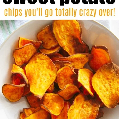 overhead of air fryer sweet potato chips in a whtie bowl.