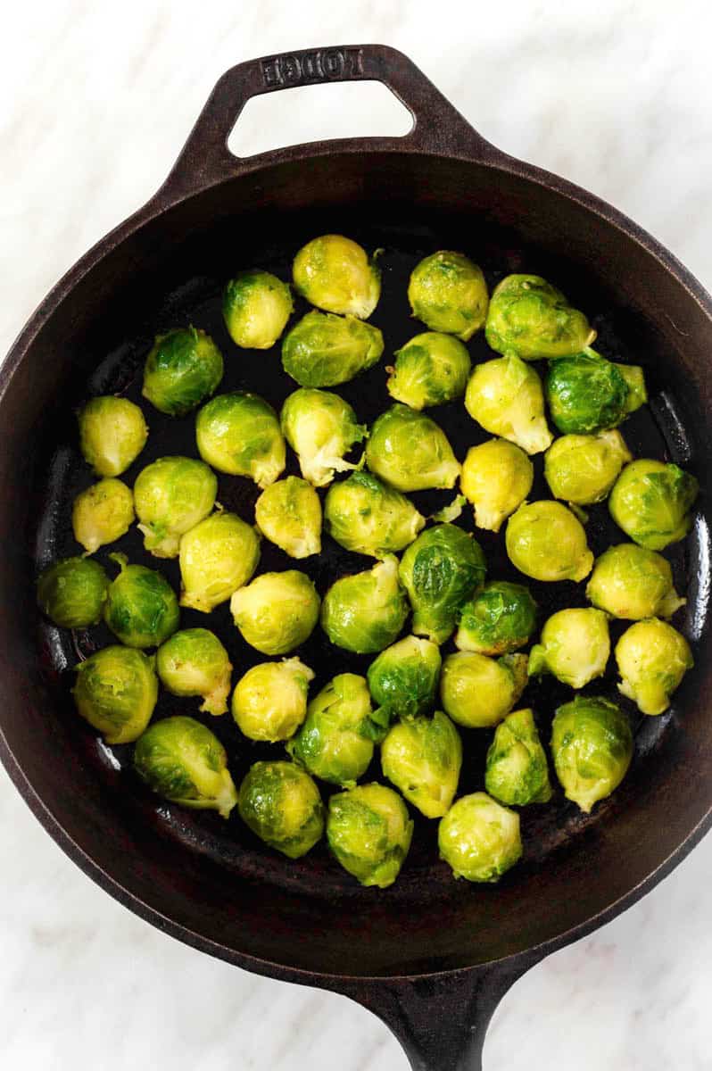 Cooking frozen brussels on the stovetop.