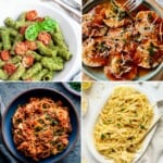 collage of 4 of the vegan Italian pasta recipes from the roundup.