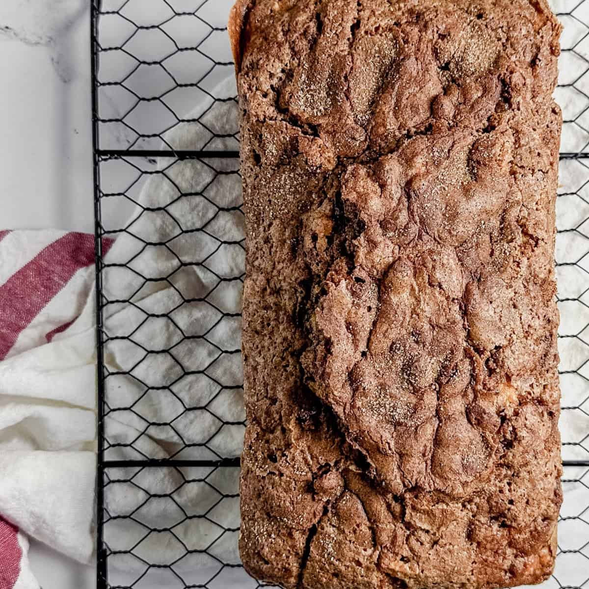 overhead image of baked gluten free cinnamon apple bread