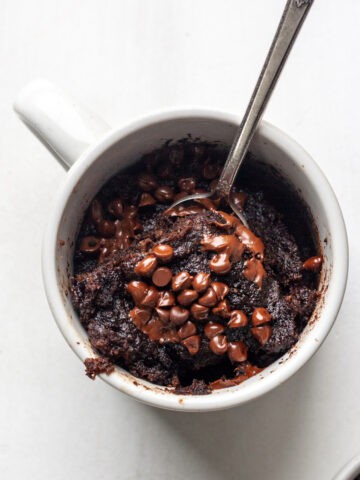 Chocolate Chip Mug Cake - Featured with warm sprinkled dairy free chocolate chips