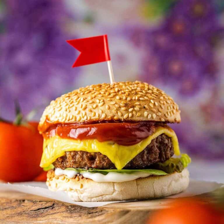 Air Fryer Frozen Burgers with red flag on top