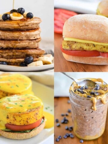 collage of best breakfast side dishes including overnight oats, eggs Benedict, vegan breakfast sandwich, buckwheat pancakes.