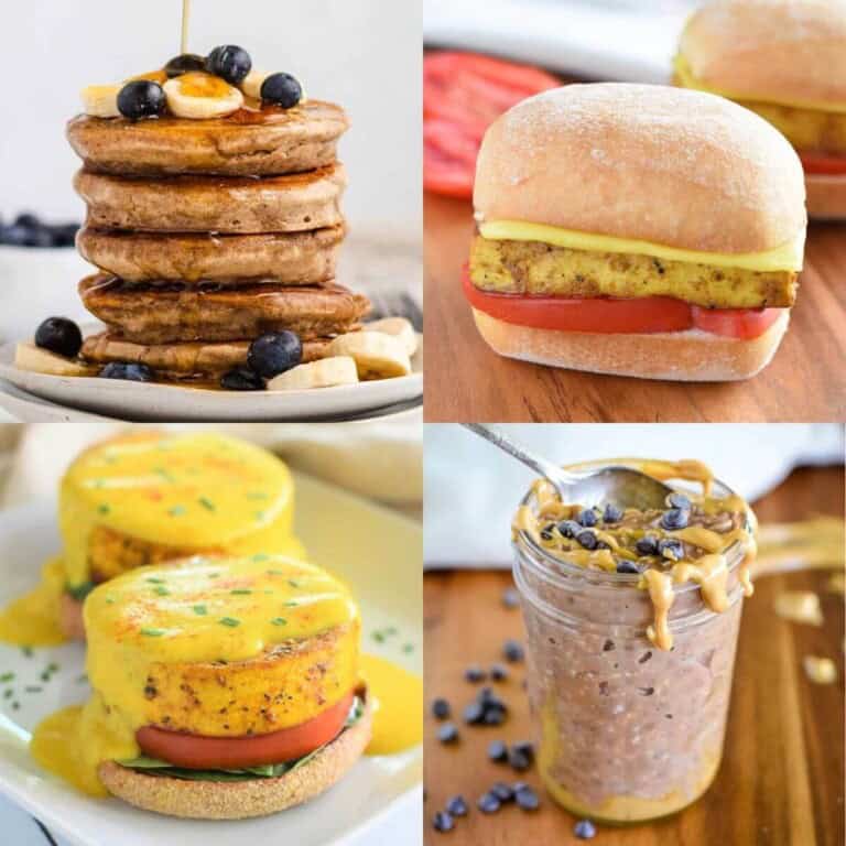 collage of best breakfast side dishes including overnight oats, eggs Benedict, vegan breakfast sandwich, buckwheat pancakes.
