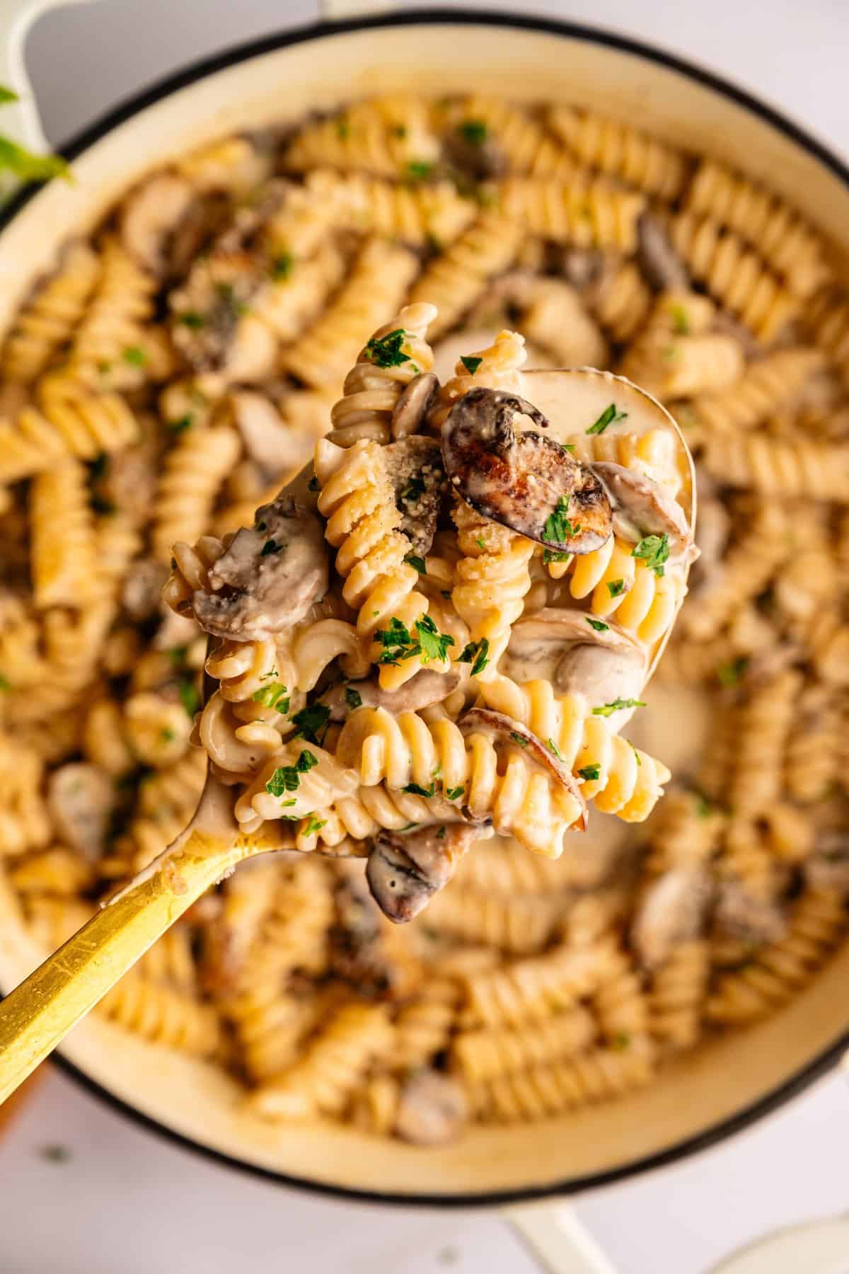 A gold spoon lifting creamy mushroom ricotta pasta from a Dutch oven