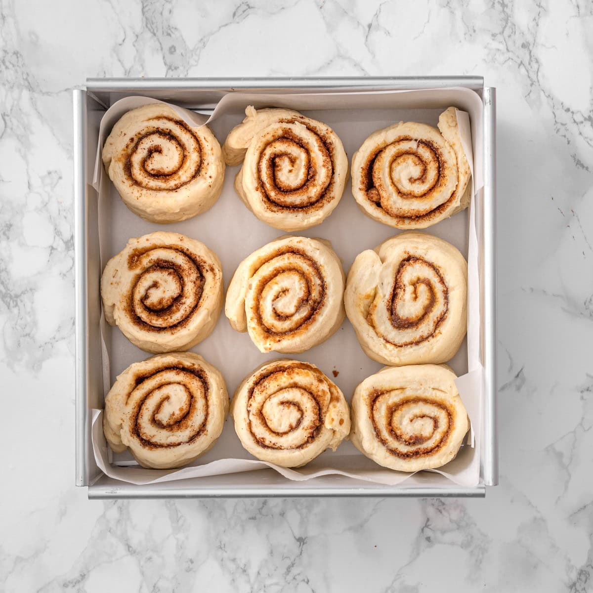 Nine unbaked vegan cinnamon rolls placed in a parchment-lined square baking pan, showing the raw cinnamon swirl pattern on top