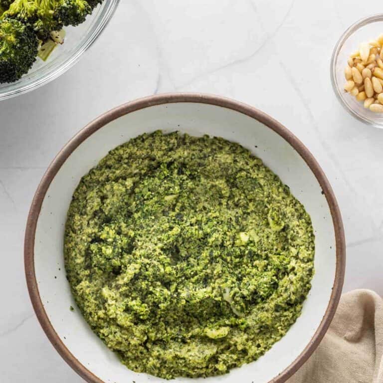Easy Homemade Broccoli Pesto by an Urban Farmie served and ready to eat