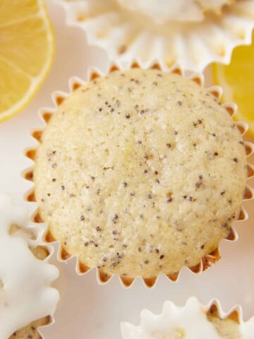 single overhead shot of a Lemon poppy seed muffin.
