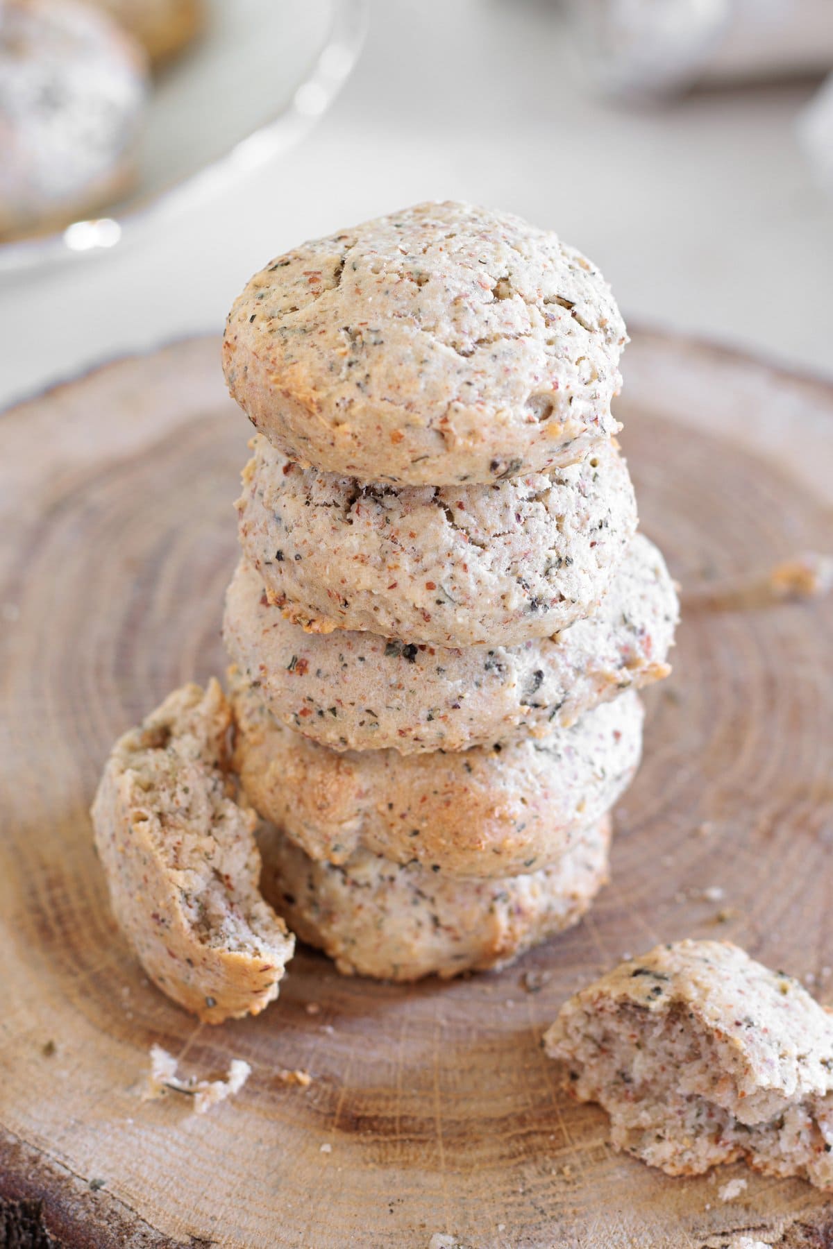 stack of Almond Flour Biscuits on a wooden bark