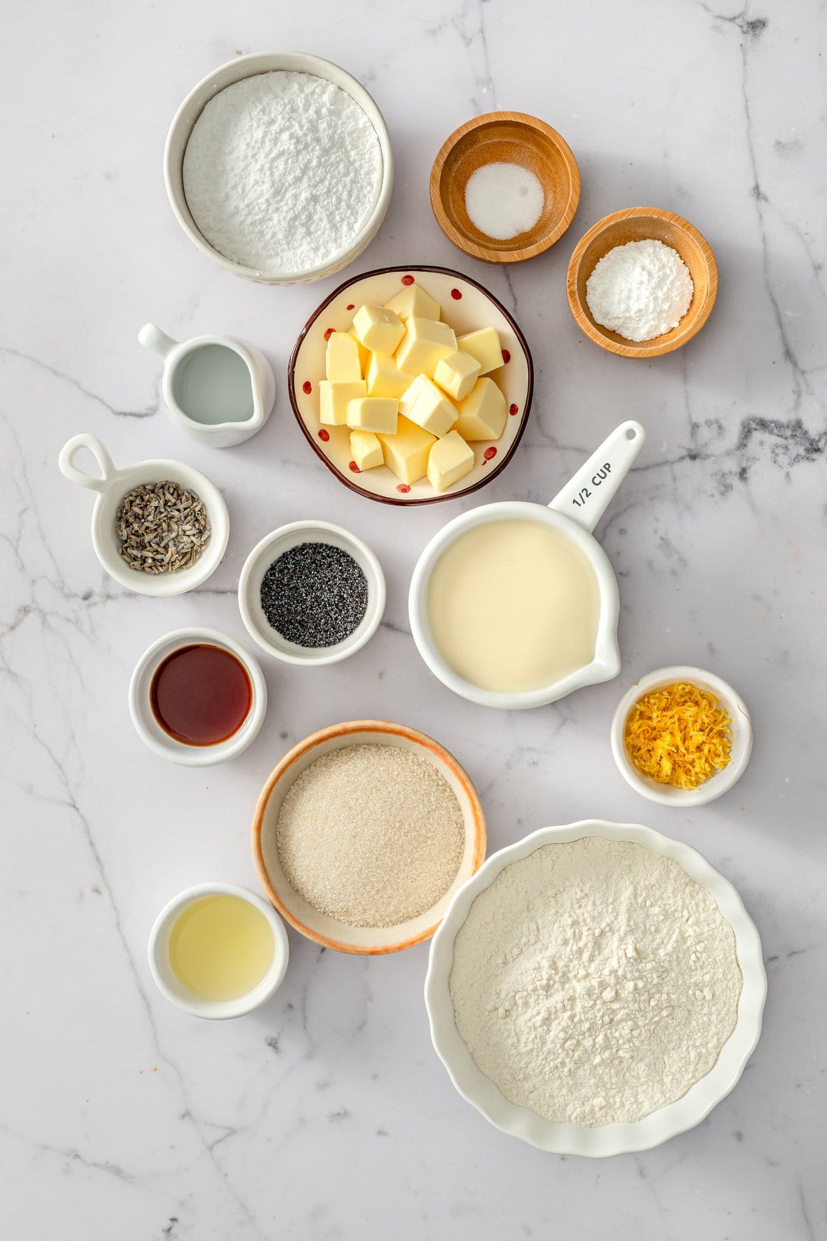 Overhead shot of lemon poppy seed scone ingredients 