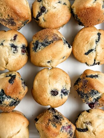 rows of Dairy Free Blueberry Muffins in a white baking pan
