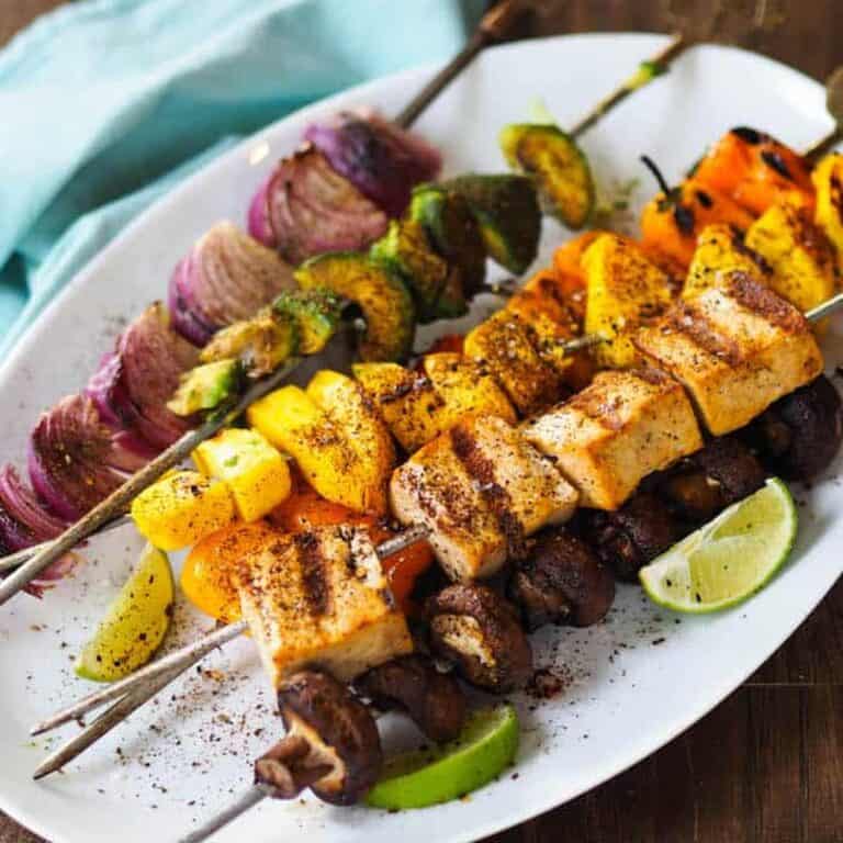 Vegan Tropical Tofu Skewer with Avocado and Mango by Rachael Heartly Nutrition served and ready to eat